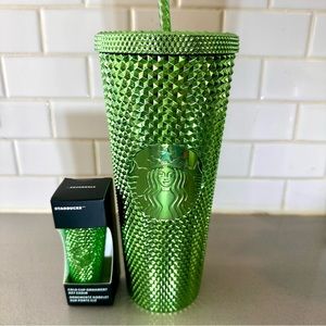 Starbucks 2023 Holiday Metallic Green Studded Tumbler & Ornament / Keychain Set